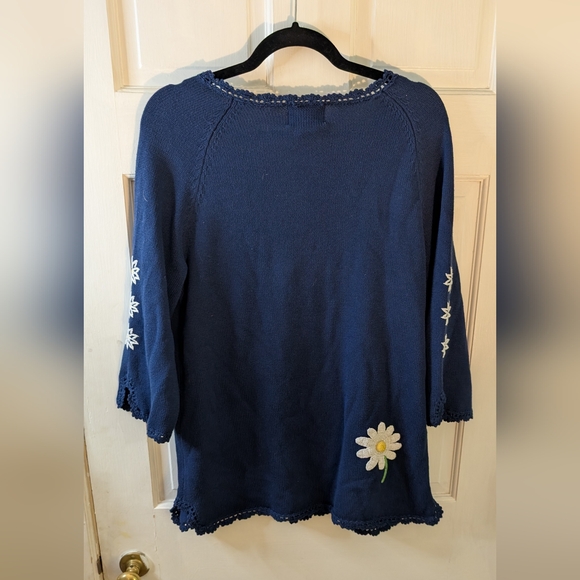 The Quacker Factory Daisy Sweater Womens Size L Blue Knit Floral V Neck - Picture 9 of 10